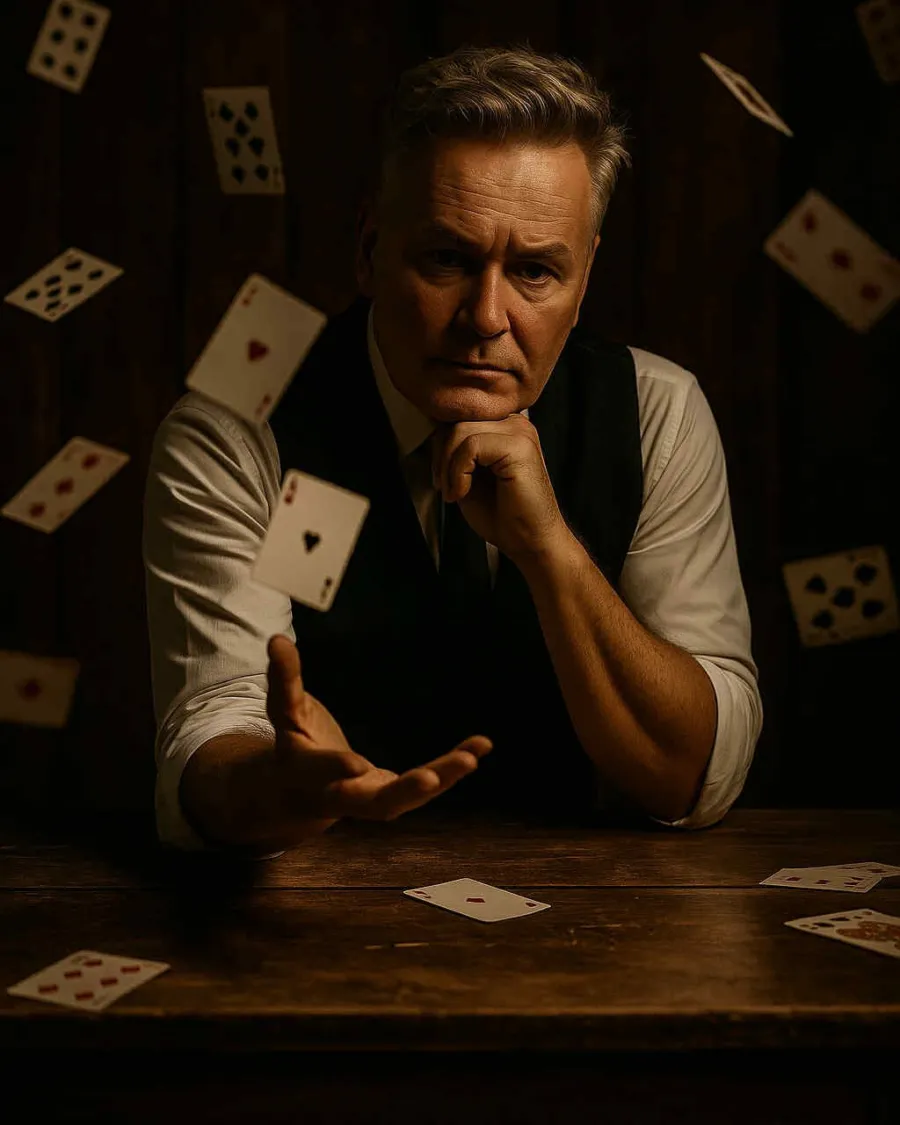 Mickaël Ross, magicien close-up, entouré de cartes à jouer en suspension