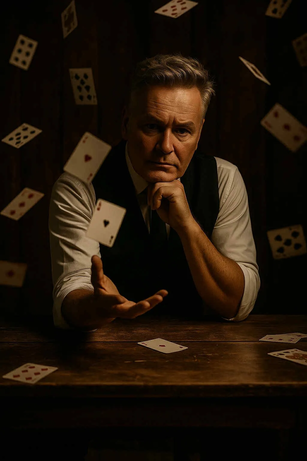 Mickaël Ross, magicien close-up, entouré de cartes à jouer en suspension