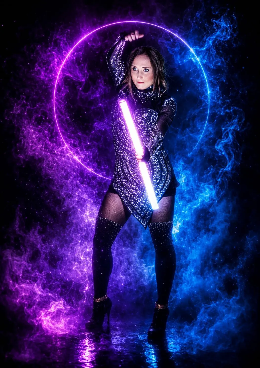 Artiste avec un cercle et un bâton lumineux sur fond bleu et violet